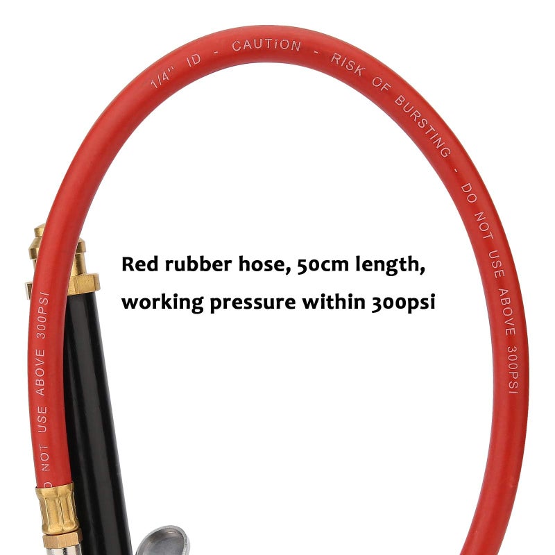 MEASUREMAN Heavy Duty Bayonet Style Tire Inflator, Aluminum Body, 20" Red Hose, Clip On Air Chuck, Aluminum Slide, Range 10-130psi/kpa - Image 4